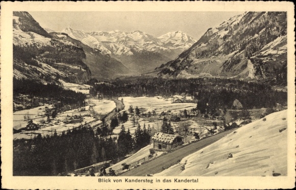 KP Kandersteg Kanton Berno, widok na Kandertal, ośnieżone góry, dolinę, rzekę