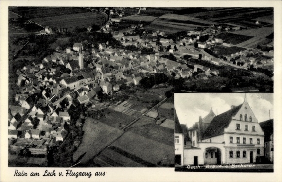 Postcard Rain am Lech in Swabia, inn and brewery, aerial photograph
