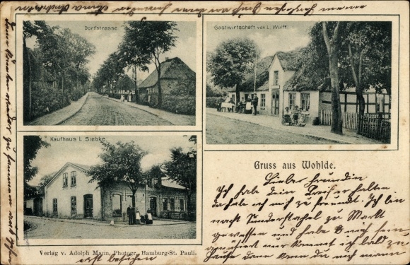 Ak Wohlde in Schleswig, Gastwirtschaft L. Wulff, Dorfstraße, Kaufhaus L. Siebke