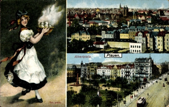 KP Plauen im Vogtland, Albertplatz, Panorama, Kobieta z knedlami