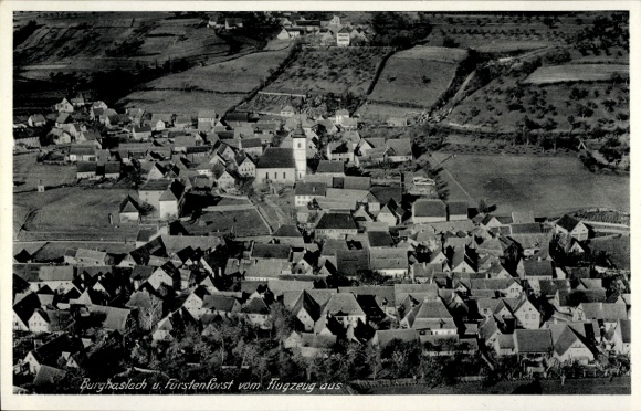 Postcard Burghaslach in Middle Franconia, aerial photograph of church, houses, nature, aircraft photograph