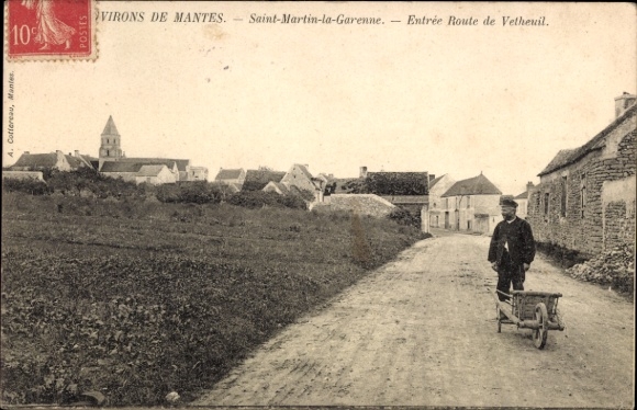 Postcard Sandrancourt Saint-Martin-la-Garenne Yvelines, man with wheelbarrow, rural landscape, houses