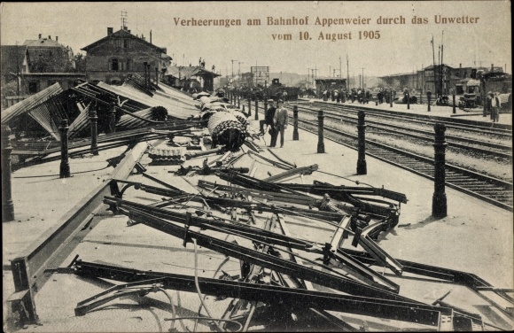 Postcard Appenweier in Baden Schwarzwald, devastation at the train station due to storms in 1905