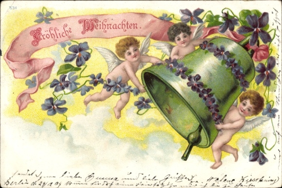 Litho Fröhliche Weihnachten, Engel läuten Glocke