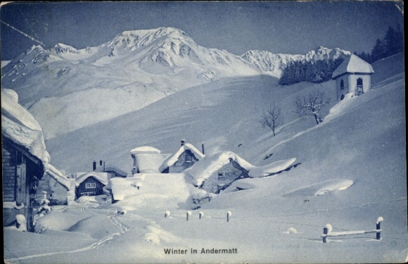 Ak Andermatt Kanton Uri, Winterlandschaft, schneebedeckte Hütten, Berge, Winter in Andermatt
