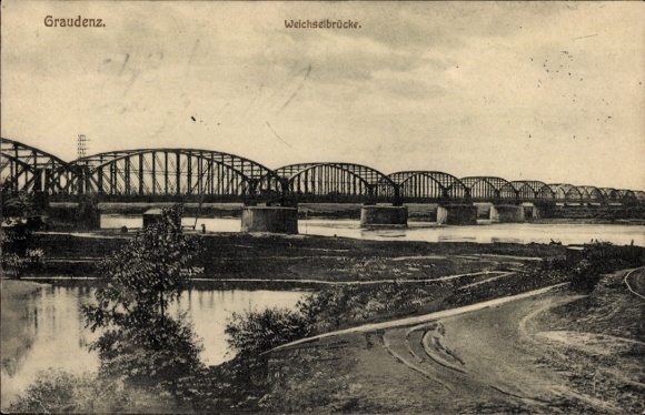 Postcard Grudziądz Graudenz West Prussia, Vistula Bridge