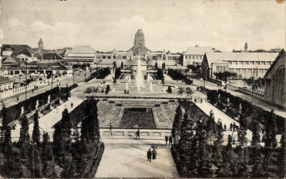 KP z Lipska, Wystawa Sasko-Turyńska 1897, park z fontanną, zabytkowe budynki, sp...