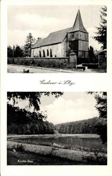 Postcard Gudow in the Duchy of Lauenburg, Church, Krebs-See