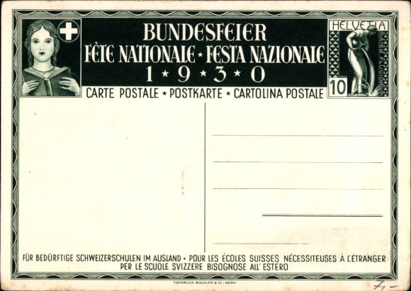 KP artystyczna na papierze listowym, Dzień Federalny Szwajcarii 1930, uczeń szkoły