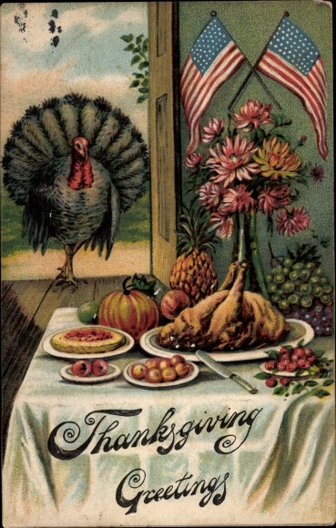 Präge Ak Thanksgiving, Turkey, Truthahn, gedeckter Tisch