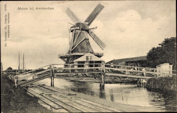 Ak Amsterdam Noord-Holland Nederland, molen, brug
