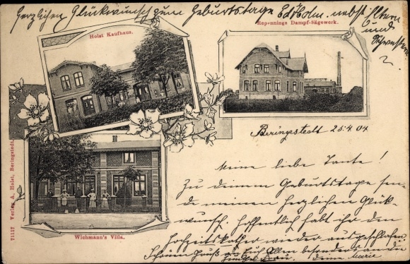 Postcard Beringstedt in Holstein, department store, Wichmann&#39;s villa, Repennings steam sawmill