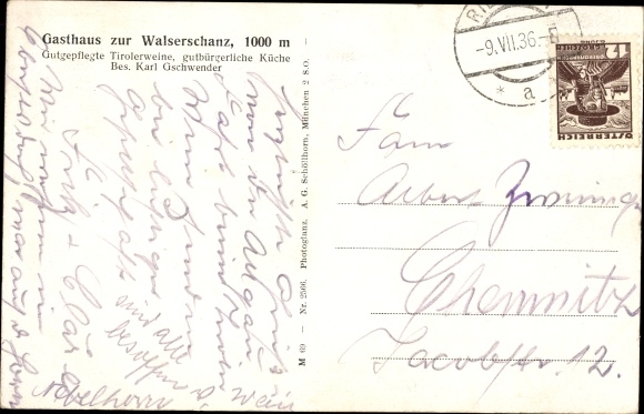 Postcard Riezlern Mittelberg in Vorarlberg, Inn zur Walserschanz, border, advertising, Leibniz biscuit