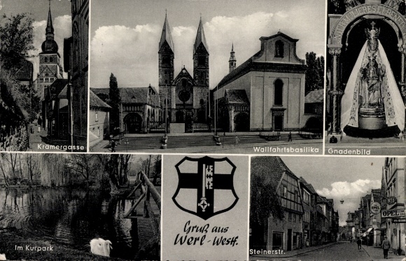Ak Werl in Westfalen, Krämergasse, bedevaartskapel, wonderbaarlijk beeld, wapen, Steinstrasse, kuurpark