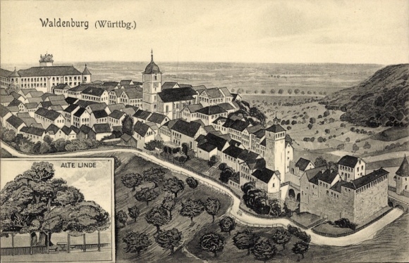 Postcard Waldenburg in Württemberg, general view, old linden tree