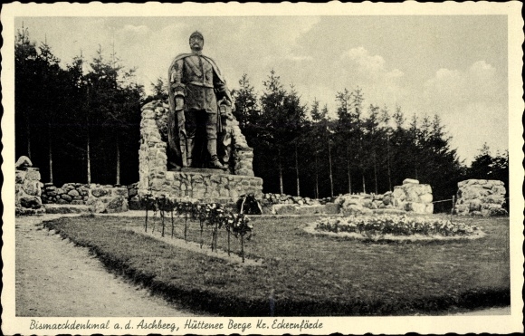 Postcard Ascheffel in the Eckernförde district, Bismarck monument on the Aschberg, Hüttener mountains