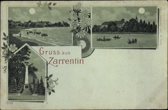 Moonlight Chromo-Litho Zarrentin am Schaalsee, town views, cattle in the water, war memorial
