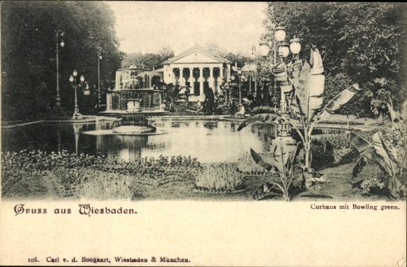 Ak Wiesbaden in Hessen, Gruss aus  Curhaus mit Bowling green, Carl v. d. Boogaart