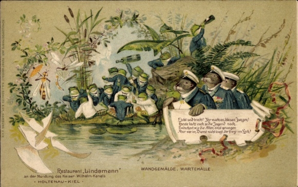 Postcard Holtenau Kiel, Restaurant Lindemann, mural waiting room, humanized animals, frogs