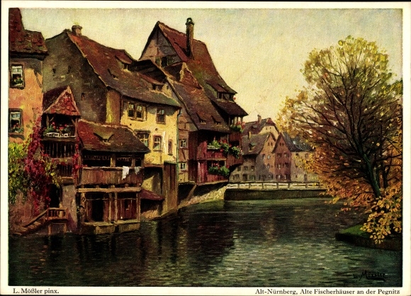 Artist PC Mößler, Ludwig, Nuremberg, old fishermen&#39;s houses on the Pegnitz