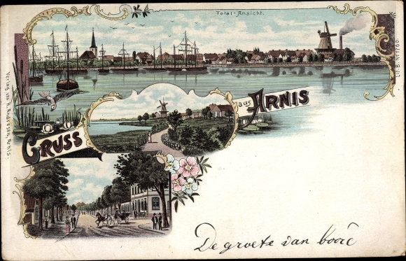 Litho Bad Arnis an der Schlei, Totalansicht, Windmühle, Straßenpartie