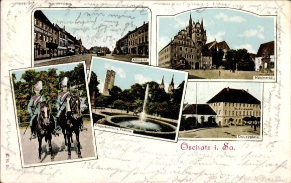 Ak Oschatz in Sachsen, Altmarkt, Neumarkt, Douzyplatz, Kriegerdenkmal, Fontaine