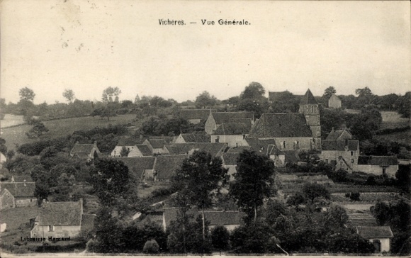 Postcard Vicheres Eure et Loir, historical view, church building, rural landscape