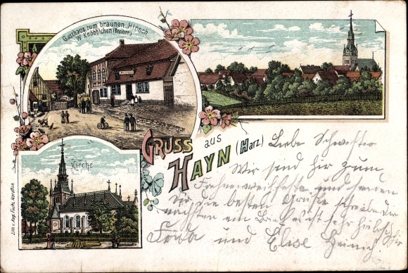 Chromo-Litho Hayn in the Harz Südharz, Inn zum Braunen Hirsch, church, total view