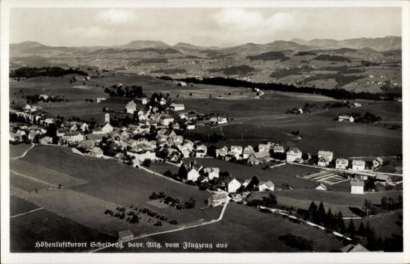 Postcard Scheidegg in Allgäu Swabia, aerial photograph