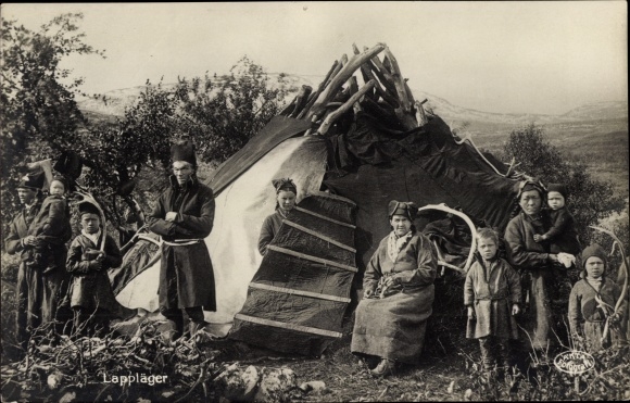 Postcard Lapland, Lapp camp, locals, costume, tent