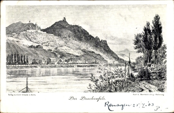 Ak Remagen am Rhein, Der Drachenfels, Rheinlandschaft, Radierung, Verlag Emil Strauss