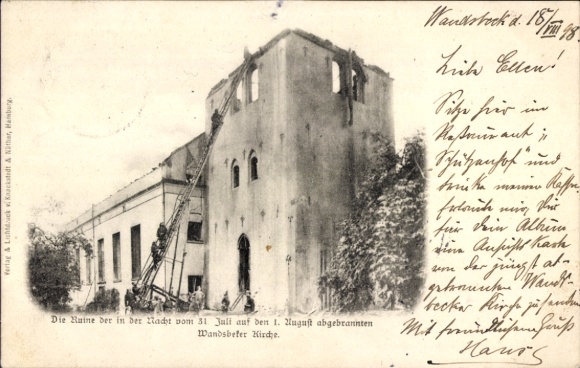 Ansichtkaart Hamburg Wandsbek, ruïnes van de uitgebrande kerk, 1 augustus 1898