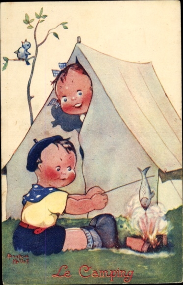 Artist Postcard Mallet, Beatrice, Le Camping, Children camping, Campfire, Fried fish