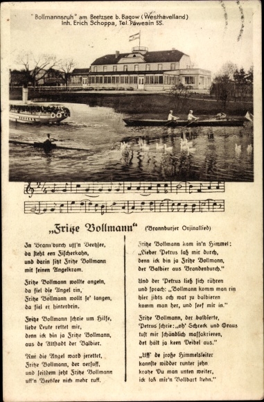 Song Postcard Bagow Päwesin in Havelland, Fritze Bollmann, Bollmannsruh am Beetzsee