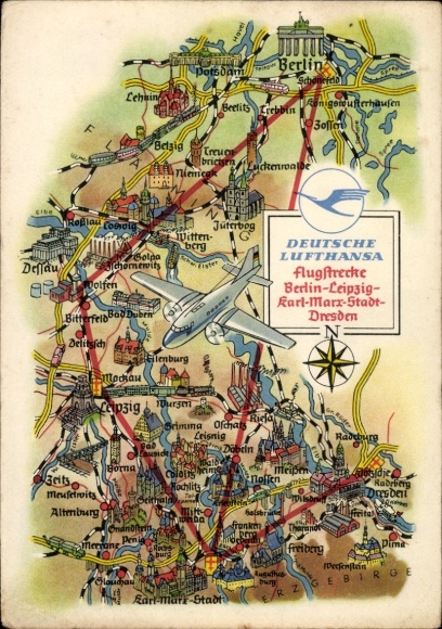 Mapy KP Deutsche Lufthansa, trasa lotu Berlin Lipsk Karl Marx Stadt Drezno