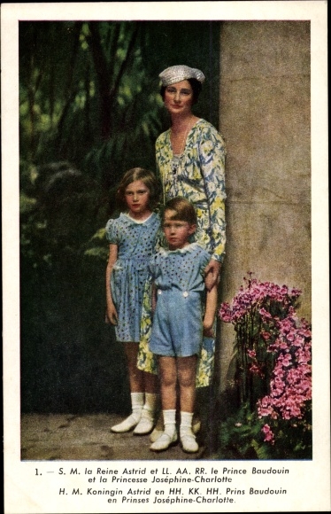 Postcard Belgien, HM Queen Astrid, Prince Baudouin, Princess Josephine Charlotte