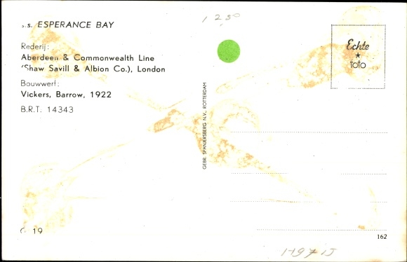 Ak Steamer Esperance Bay, Shaw Savill Line