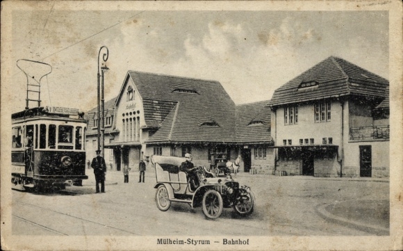 Postcard Styrum Mülheim an der Ruhr, train station street side, car, tram