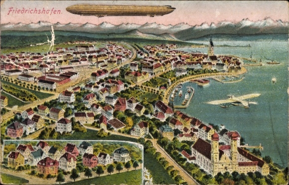 Postcard Friedrichshafen on Lake Constance, Zeppelin over the city