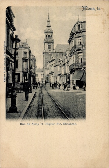 Postcard Mons Wallonia Hainaut, street with tracks, church, buildings, people