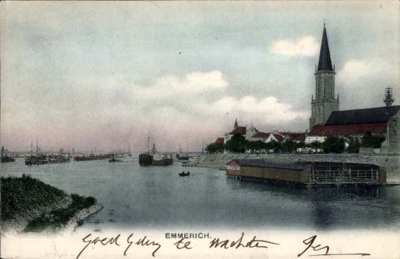 Postcard Emmerich am Niederrhein, view of the Rhine with ships, behind the city