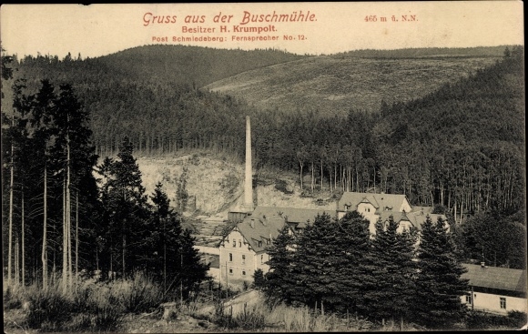 Postcard Buschmühle Schmiedeberg Dippoldiswalde in the Eastern Ore Mountains, view of the town, forest