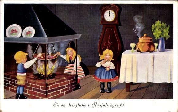 Ak Glückwunsch Neujahr, Klee, Kinder beim Kochen, Uhr