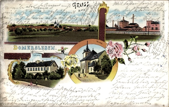 Chromo-Litho Domersleben Wanzleben Börde in Saxony-Anhalt, sugar factory, school, church