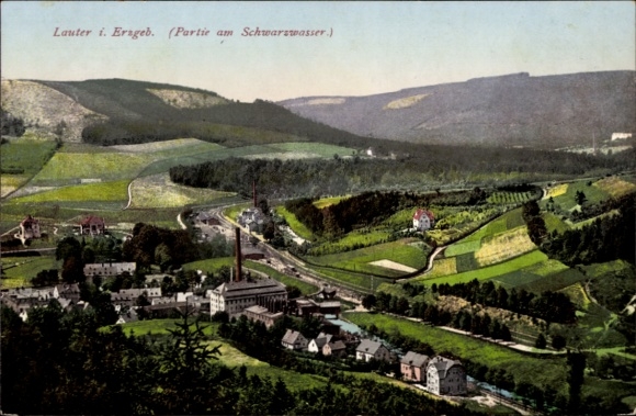 Postcard Lauter Bernsbach in the Ore Mountains of Saxony, view of landscape, buildings, factory and river