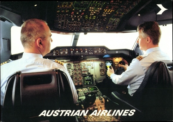 Postcard passenger plane, Austrian Airlines, cockpit Airbus A 310-324, pilots