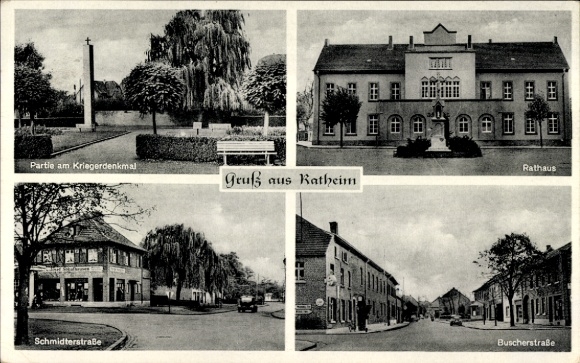 Postcard Ratheim Hückelhoven North Rhine Westphalia, war memorial, town hall, Schmidterstraße, Buscherstra