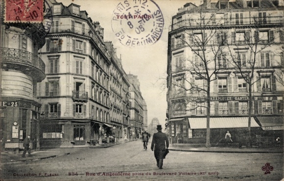 Postcard Paris XI, Rue d'Angouleme, taken from Boulevard Voltaire