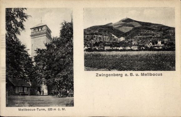 Postcard Zwingenberg ad Bergstraße Hessen, Melibocus Tower, general view of the town with Melibocus