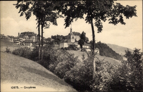 KP Gruyères, kanton Fryburg, Szwajcaria, Architektura historyczna, Wzgórza, Drzewa, Gruyères